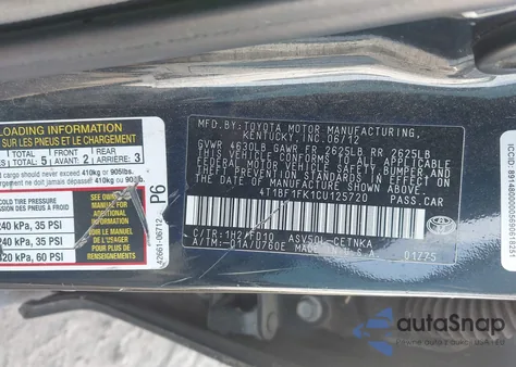 2012 Toyota Camry Le z USA, uszkodzony, nr VIN 4T1BF1FK1CU125720